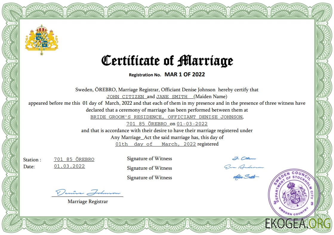 Modèle Word et PDF de certificat de mariage en Suède